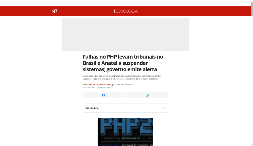 Print da matéria do G1: Falhas no PHP levam tribunais no Brasil e Anatel a suspender sistemas; governo emite alerta